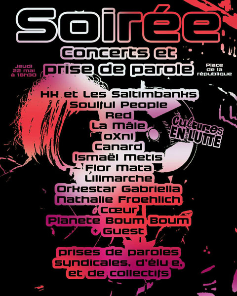 Soirée concert et prise de parole 02, place de la République à partir de 18h30 le 22/05/2025