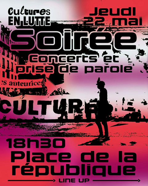 Soirée concert et prise de parole 01, place de la République à partir de 18h30 le 22/05/2025