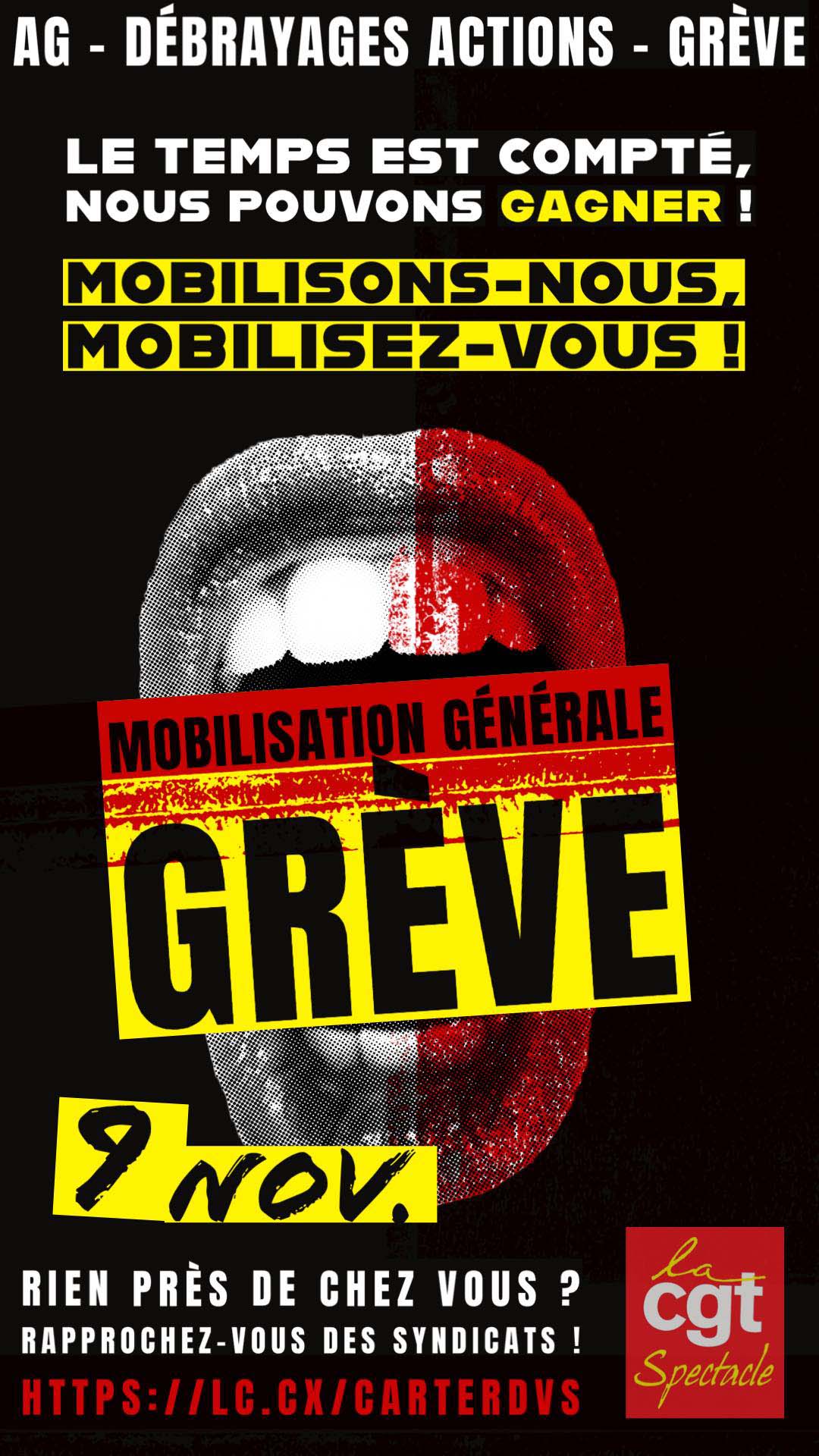 Affiche : Mobilisation générale <span style="color:#CC3333;">Grève le 9 novembre 2023</span> - Mobilisons-nous - Mobilisez-vous
